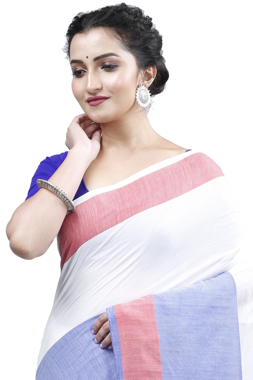 White Blue Pure Cotton Kousiki Hand Loom Saree (203)
